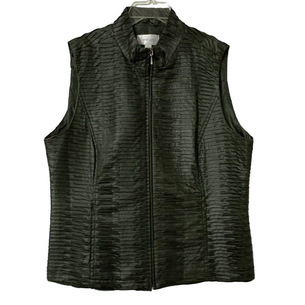 Erin London Olive Green Textured Zip Front Vest Women’s Sleeveless Jacket